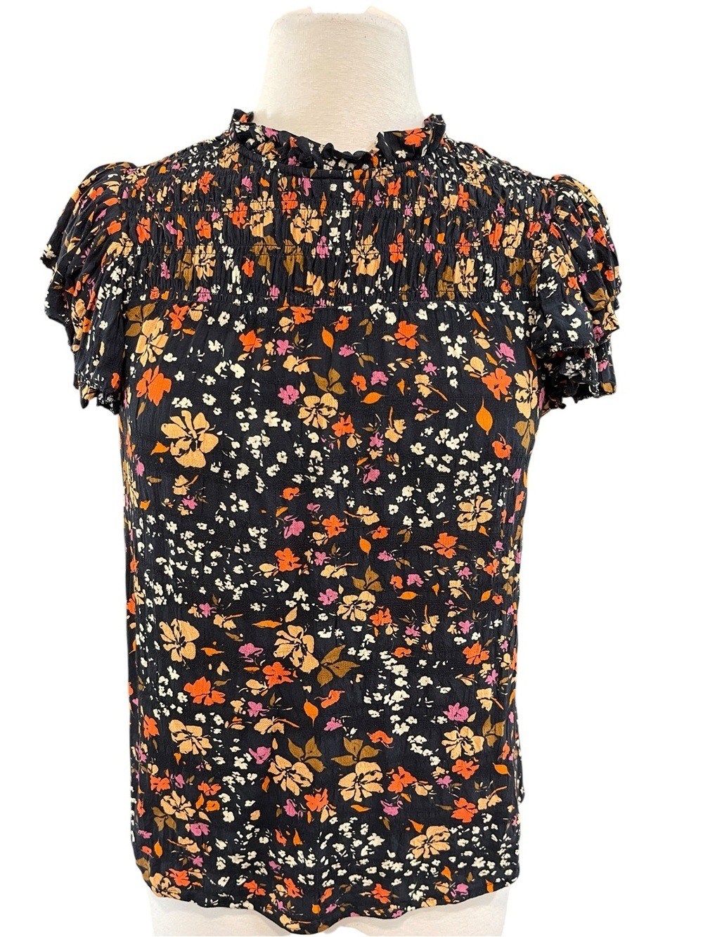 Caballero High Neck Smocked Flutter Sleeve Top Black Floral SZ M